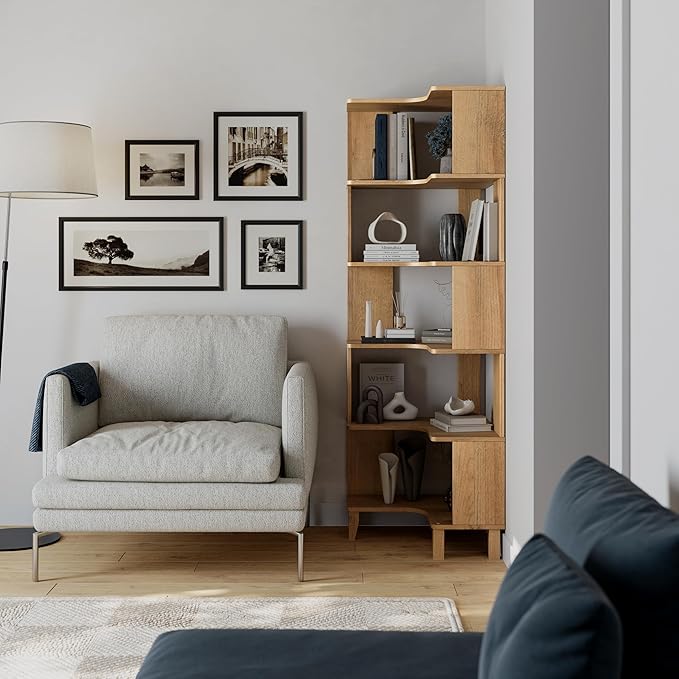 Prepac Nordik 6-Tier Natural Oak Modern Mid Century Corner Bookcase, 71.5" Extra Tall Corner Shelf with Storage, Multifunctional Freestanding Bookshelf for Home Office, Living Room, Bedroom