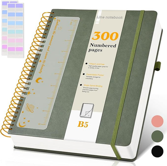 B5 Spiral Notebook Journal 7.6” x 10”, 300 Numbered Pages Hardcover Leather Journals for Women Men, Large Lined College Ruled Notebooks, 100GSM Thick Paper, Spiral Bound Journal for Work School, Green