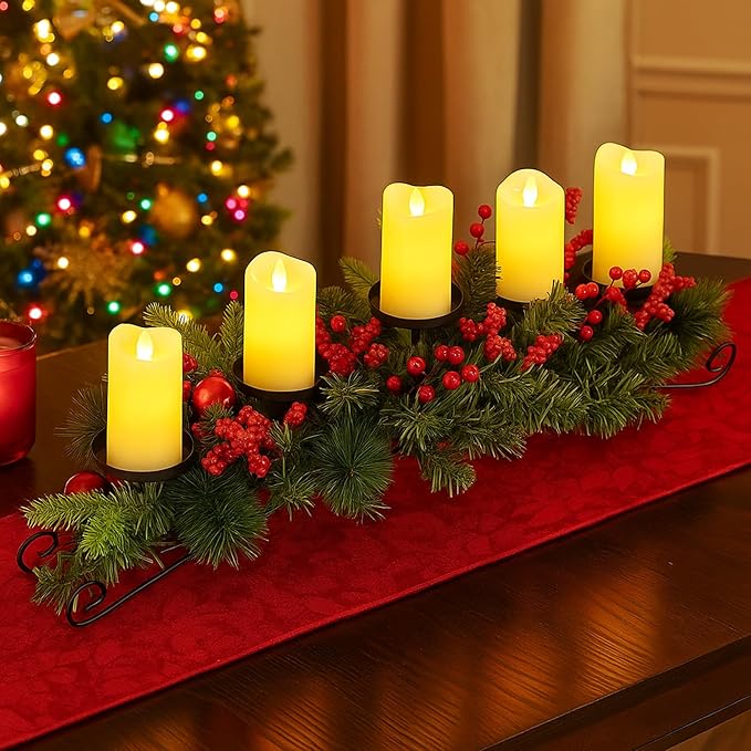 Yungyan Christmas Tabletop Centerpiece 30 Inch, Includes 5 Battery Operated LED Candle Holders, Norfolk Branch, Red Berries, Red Balls and Base, Christmas Artificial Dinner Table Decorations