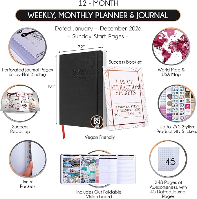 2026 Planner Weekly and Monthly | Law of Attraction Planner with Panduo App | A 12 Month Journey for Productivity, Gratitude & Goal Setting | Includes Foldable Vision Board, Gift Box & Stickers
