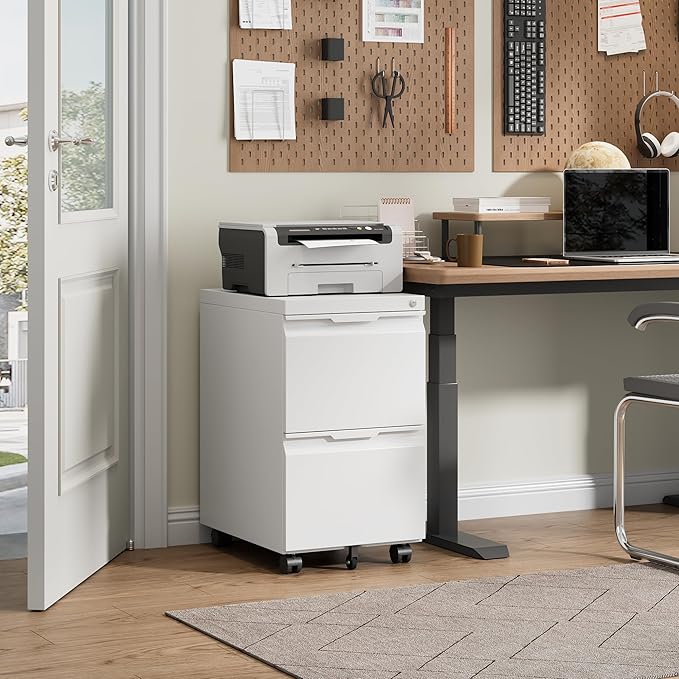 Bestoo 2 Drawer Mobile File Cabinet with Lock, File Cabinet on Wheels for Letter/Legal/A4 File, Metal Rolling File Cabinets for Home Office (White)