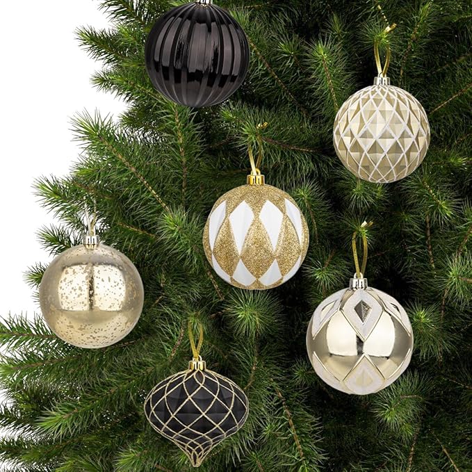 Hollyone 4 Inch Black & White & Gold Christmas Ornaments - 12 Pcs Shatterproof Tree Ornaments for Xmas Tree Decor & Party Wreath Home Decor