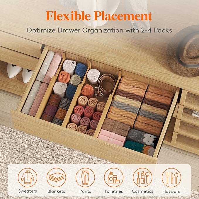 Lifewit 6 Pack Drawer Dividers Bamboo 6" High, 11-17" Adjustable Drawer Organizers for Clothes, Expandable Dresser Separators in Bedroom/Bathroom/Kitchen/Fridge/Office Organization and Storage