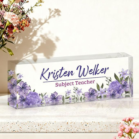 Ship Next Day-Custom Name Plate for Desk, Desk Name Plate Personalized, Acrylic Office Desk Accessories, Appreciation Gifts for Coworkers EmployeeTeachers Boss Women Men (Purple Flowers)