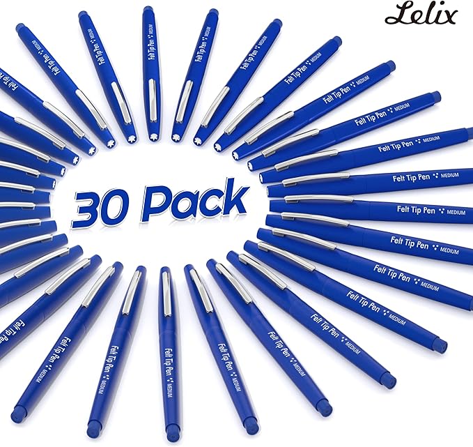 Lelix Felt Tip Pens, 30 Blue Pack, 0.7mm Medium Point, Felt Tip Markers Pens for Journaling, Writing, Note Taking, Planner, Perfect for School Office and Art Supplies