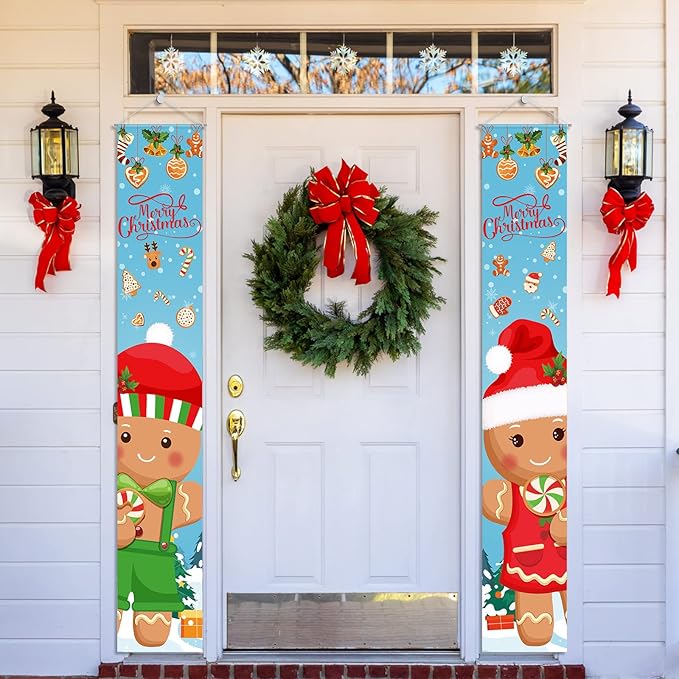 2 Pcs Christmas Porch Sign Gingerbread Door Sign Banner Christmas Hanging Door Banner for Outside Indoor Outdoor Home Front Porch Holiday Xmas Decorations Gingerbread Party Supplies