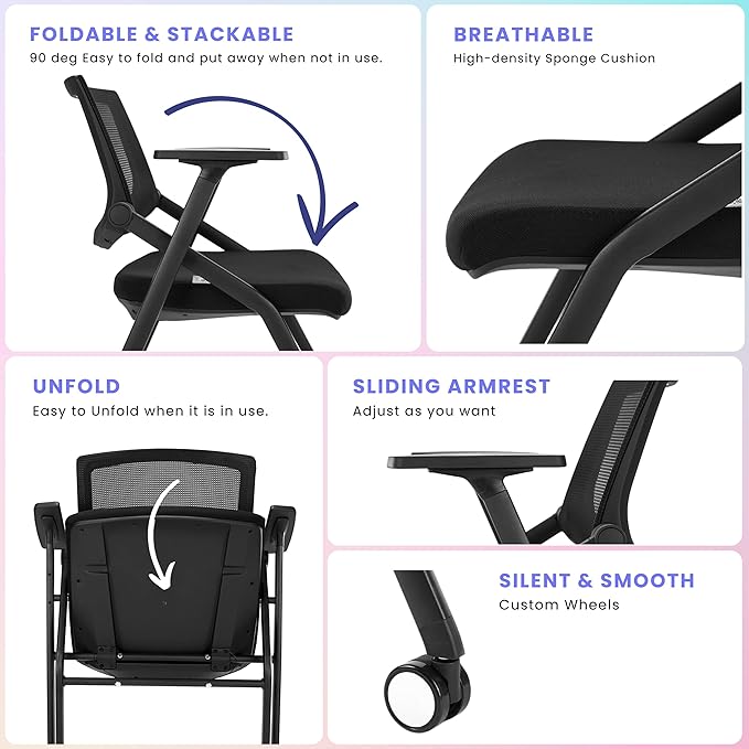 2 Pack Stackable Conference Room Chairs with Wheels and Paddle, Ergonomic Mesh Back and Arms for Meeting, Conference, Reception, Training Room & Home Office Desk Folding Chairs