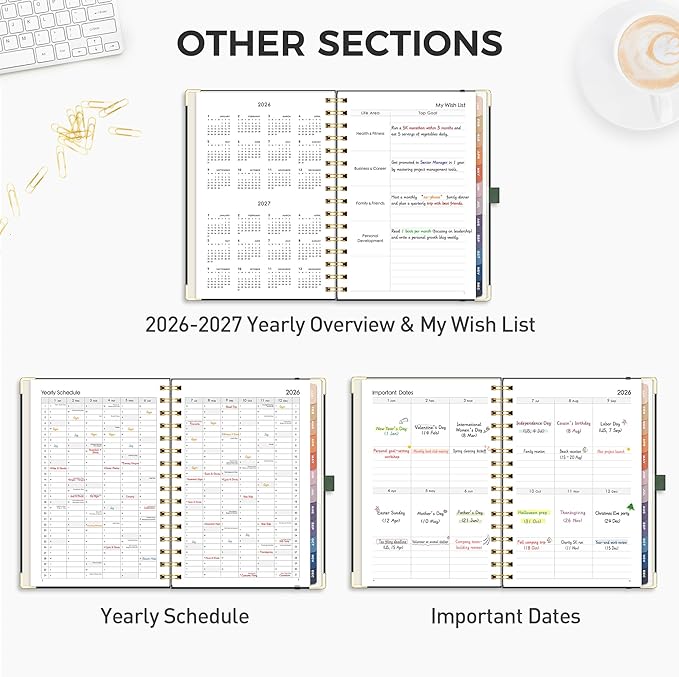 RETTACY 2026 Planner, Weekly and Monthly, Medium Size (5.7" x 8.3"), Jan - Dec 2026, Agenda, Calendar, 12 Month Tabs, Hardcover, 100 GSM Thick Paper, Spiral-bound (Dark Green)