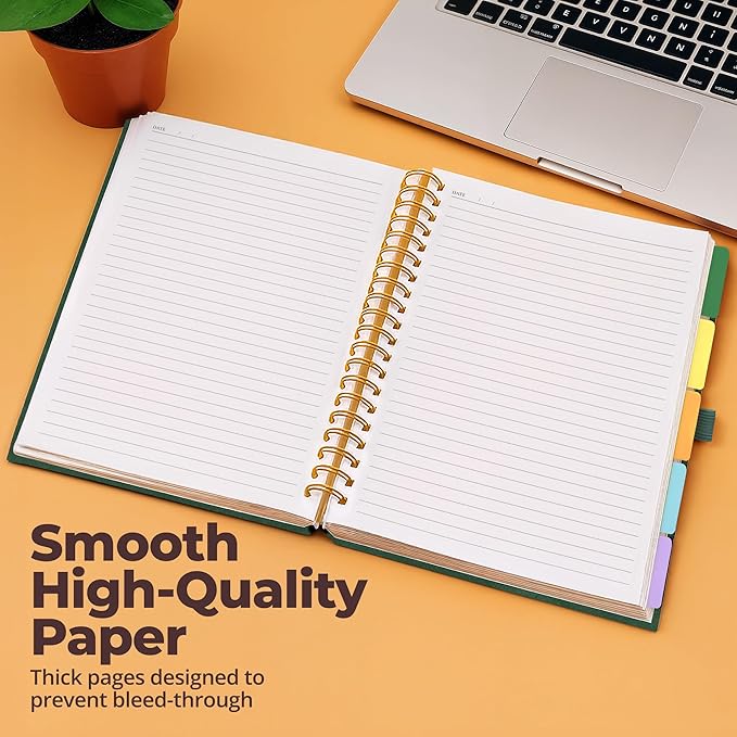 Hardcover Leather Lined Spiral Notebook 8x10" with Removable Dividers - Green - 300 Pages 5 Subject College Ruled Notebook for Work with Tabs, Pockets, and Pen Loop for Note Taking, Large Journal