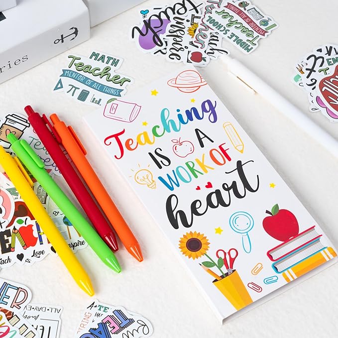 Xqumoi 3 Pack Teacher Sticky Notes with Pen Stickers Stationery Set Black Gel Ballpoint Pens Teacher Self-Stick Notes Pads Rainbow Apple Vinyl Stickers Back to School Office Supplies Gift with Box