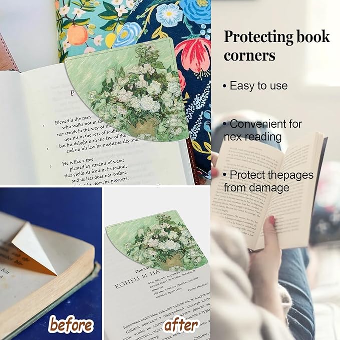 Cute Floral Leather Bookmarks 4Pcs, Van Gogh Oil Painting Making Corner Bookmark, Fun Book Accessories for Reading Book Lovers, Personalized Page Markers（Rose Sunflower Irises Poppies ）