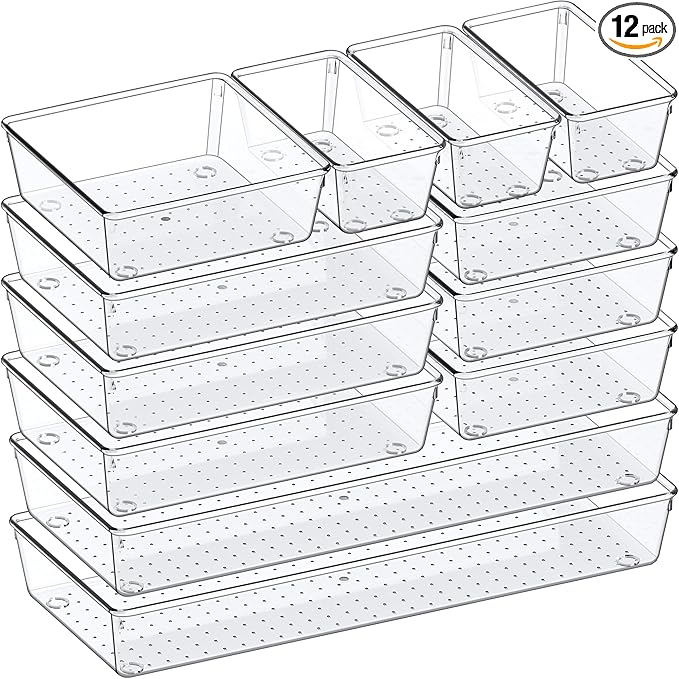 Criusia Drawer Organizer, 12 Pack Clear Plastic Kitchen Drawer Organizers Set,4-Size Versatile Bathroom and Vanity Organizer Trays,Storage Bins for Makeup, Bathroom, Jewelries and Office