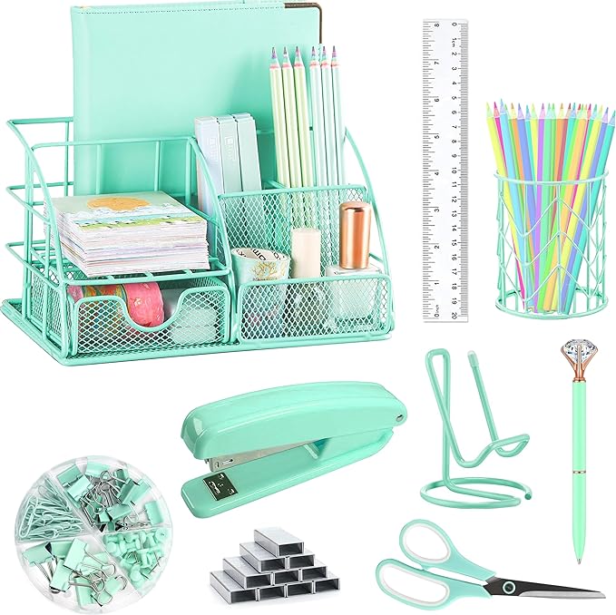 Green Desk Organizers and Accessories Office Supplies Set Stapler, Pen Holder, Phone Holder, Scissors, Pen, Ruler, 30 Paper Clips, 22 Binder Clip, 20 Tacks and 1000pcs Staples