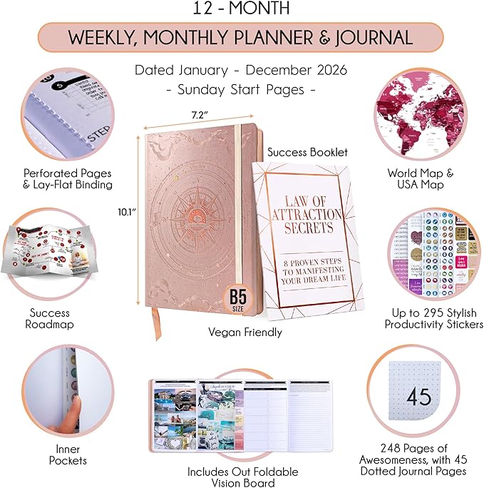 2026 Planner Weekly and Monthly | Law of Attraction Planner with Panduo App | A 12 Month Journey for Productivity, Gratitude & Goal Setting | Includes Foldable Vision Board, Gift Box & Stickers