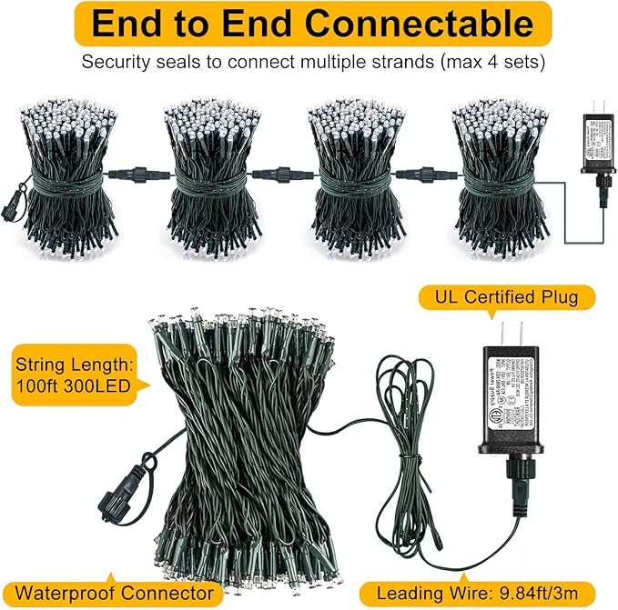 100FT 300 LED Christmas Lights Outdoor, Blue Christmas Tree Lights with 8 Modes Waterproof, Plug in Green Wire String Twinkle Light for Indoor Xmas House Patio Yard Holiday Decorations