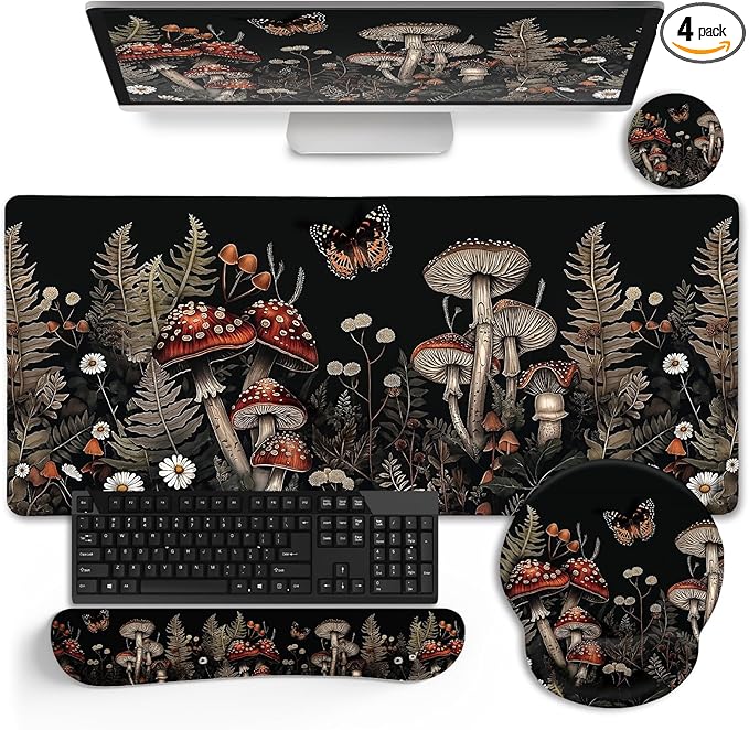 Mushroom Mouse Pad Set Large Desk Matt for Desktop, Ergonomic Mouse Pad with Wrist Rest, Gaming Mouse Pad Wrist Support Keyboard Mat Cup Coaster Set Office Desk Decor Accessories