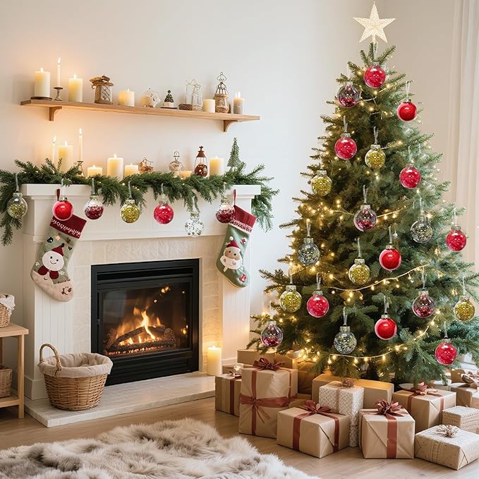 DeckTheHalls Christmas Ball Ornaments Set, 16-Piece Clear Xmas Decor for Crafts, Reusable DIY Festive Tree Decorations, Easy Hang Unbreakable Ornaments for Holiday, Party, Wedding (Red & Gold)