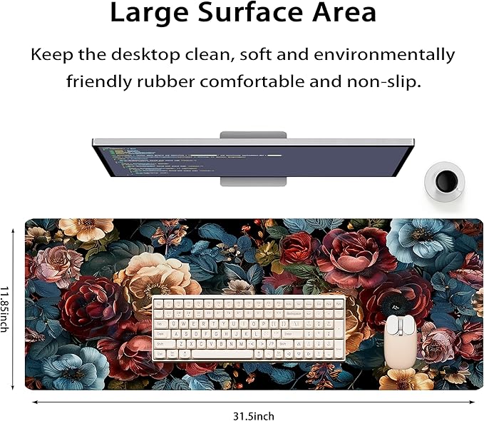 31.5”x11.8”Large Gaming Mouse Pad for Desk, Mouse Mat with Seamed Edges, Waterproof Desk Pad, Non-Slip Rubber Base, Keyboard Pad Computer Mat, Big XL Mousepad-Vintage Chic Rose Flowers