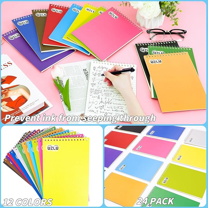 24 Pack Steno Pads 6 x 9 in Spiral Top Notebook Bulk 12 Assorted Color Note Pad 60 Sheets Gregg Rule Writing Paper Steno Notebooks for Students Teachers Men Women Professionals Office School Recording