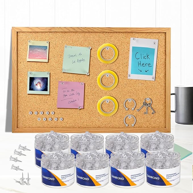 1600 PCS Clear Push Pins, Standard Thumb Tacks for Bulletin Board, Steel Point and Clear Plastic Head, Pin Tacks for Wall Cork Board Maps Photos Calendar Hangings, Office School Supplies