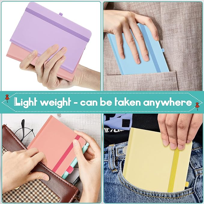 Laumoi 12 Pieces Small Notebooks A6 Pocket Journals 3.5 x 5.5 Inch Small Leather Notebook Mini Ruled Lined Journal with Elastic Band Pen Holder Page Marker Ribbons (Macaron Colors)