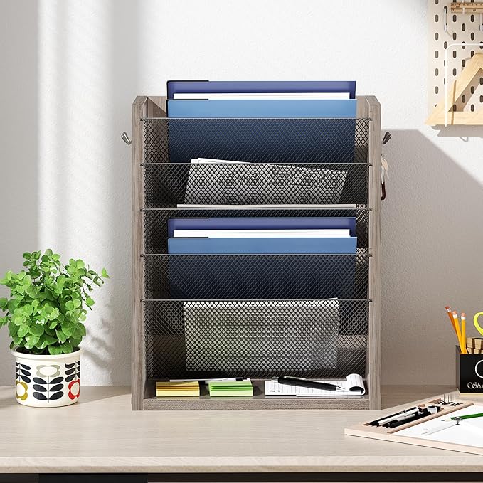 Hanging Wall File Organizer, 6 Tier Wood Wall File Holder with 2 Hooks, Mail Organizer Wall Mounted with Bottom Flat Tray, Vertical Paper Desk Storage for Office, Home, Greige