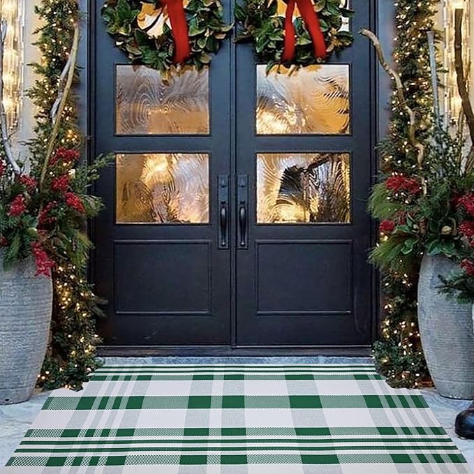 Christmas Plaid Outdoor Rug, 3' x 5' Green&White Checkered Indoor/Outdoor Area Rug, Layering Rug for Hello/Welcome Door Mat, Machine Washable Cotton Woven Rug for Farmhouse Front Porch, Entryway