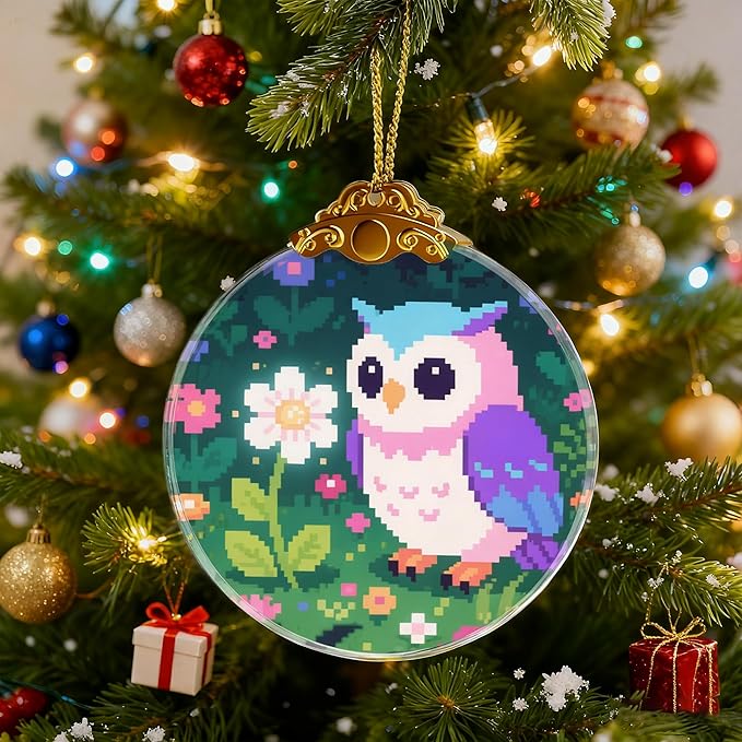 Pixel Art Owl in Flowers Ornaments, Owl Christmas Ornament, Owls Gifts for Women, Owls Decor Bird Ornament 2.75" Glass Decorative Hanging Ornaments
