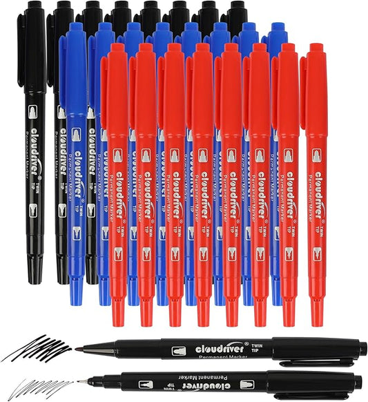 cloudriver Ultra Fine Permanent Markers, 24 Count Twin Tip Permanent Marker Set, 3 Assorted Colors, Ultra Fine Piont And Fine Piont Permanent Marker for Signature And Marking