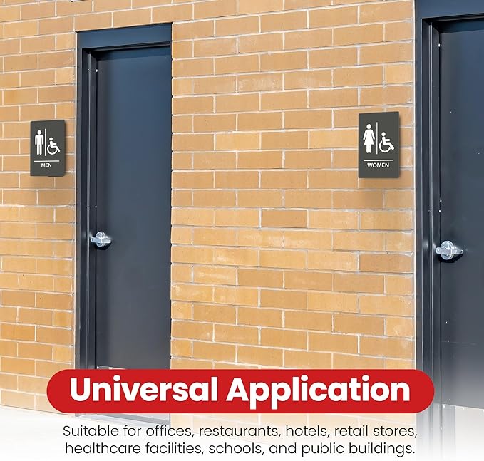 Promot Men and Women Handicap Restroom Sign – ADA Braille Bathroom Sign for Business, Self-Adhesive, 9" x 6", Commercial Door Signage, Office Wall Decor - Grey