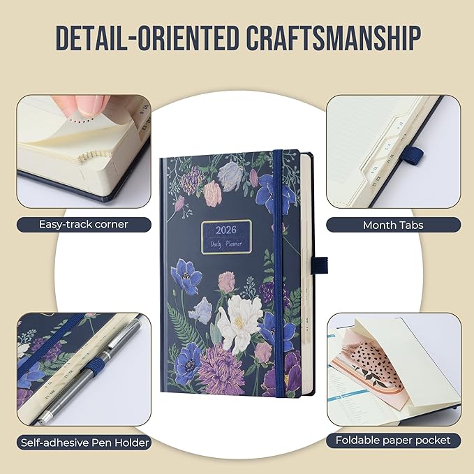 Daily Planner 2026 with One Page Per Day,(A5-8.5" x 5.9"),12 Months Calendar Hourly Appointment Book Monthly Tabs&Self-adhesive Pen Holder,Inner Pocket,3D Designed Flower Cover,Blue