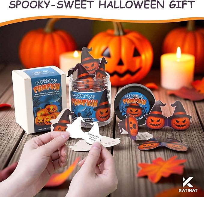 Positive Halloween Pumpkins Jar – 60 Emotional Support Pumpkins, Halloween Gifts for Women, Men,Teens, Fall Gifts Basket Stuffer, Pumpkin Basket Filler, Cute Halloween Decorations