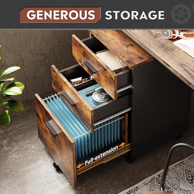 DEVAISE 3 Drawer Wood Mobile File Cabinet, Rolling Filing Cabinet for Letter/A4 Size, Rustic Brown