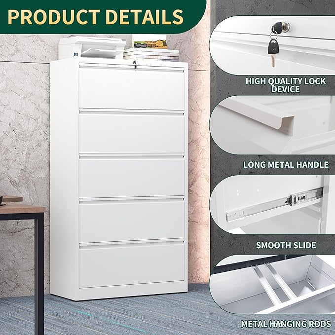 5 Drawer Lateral File Cabinet with Lock, Metal File Cabinets for Home Office, Steel Heavy-Duty Filing Storage Cabinet for Letters/Legal/A4 (Require Assembly, White)