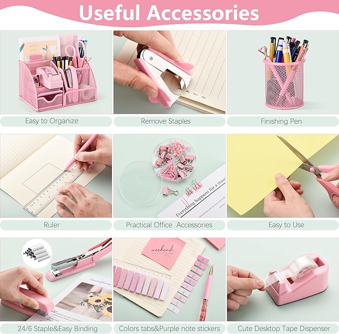 11 Pcs Pink Office Supplies Set Mesh Desk Organizer Accessories Kit Include Stapler Tape Dispenser Staple Remover Clips Ruler Scissors Sticky Notes for Office School Home Women (Pink)