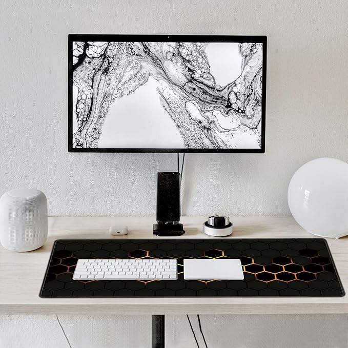Hexagon Honeycomb Golden Large Mouse Pad, Gaming Desk Mat, XXL Extended Keyboard Desk Pad, 35.4"x15.7" Non-Slip Rubber Base Big Mousepad with Stitched Edges for Home and Office