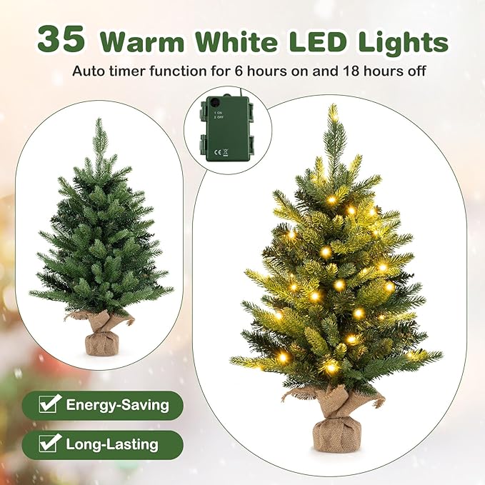 HAPPYGRILL 2 FT Tabletop Christmas Tree, Battery Operated Artificial Xmas Tree with 35 Warm White LED Lights, Small Spruce Fir Tree with 234 Tips and Solid Cement Base for Home Decor