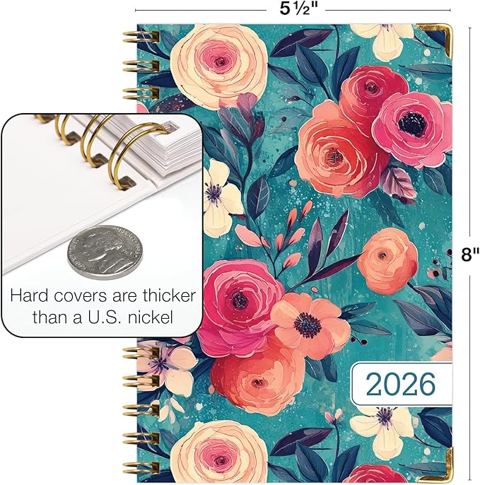 HARDCOVER 2026 Planner, 5.5"x8": 14 Months (November 2025 - December 2026), Daily Weekly Monthly Planner, Yearly Agenda, Bookmark, Pocket Folder and Sticky Note Set (Teal Floral)