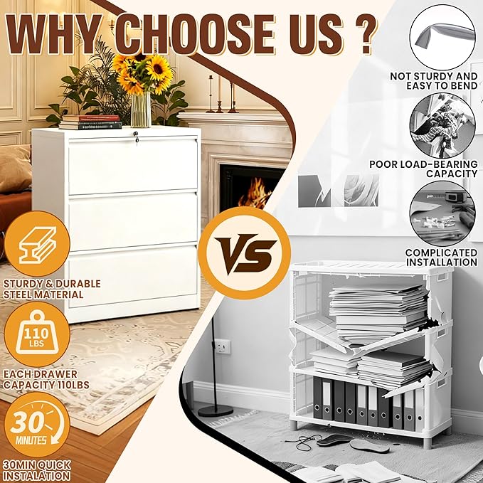 3-Drawer Lateral File Cabinet with Lock, Black Metal Filing Cabinet for Office or Home – Secure Storage for Letter/Legal/A4/F4 Documents, Easy to Assemble Locking File Organizer (White, 3 Drawer-40"H)