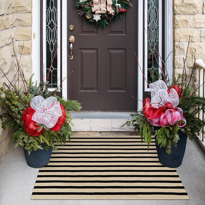 KIMODE Front Door Mats 24"x35", Reversible Washable Farmhouse Front Porch Rug Decor, Striped Layered Door Mats Outdoor, Black and Khaki Cotton Hand Woven Rugs for Entryway,Kitchen,Bathroom