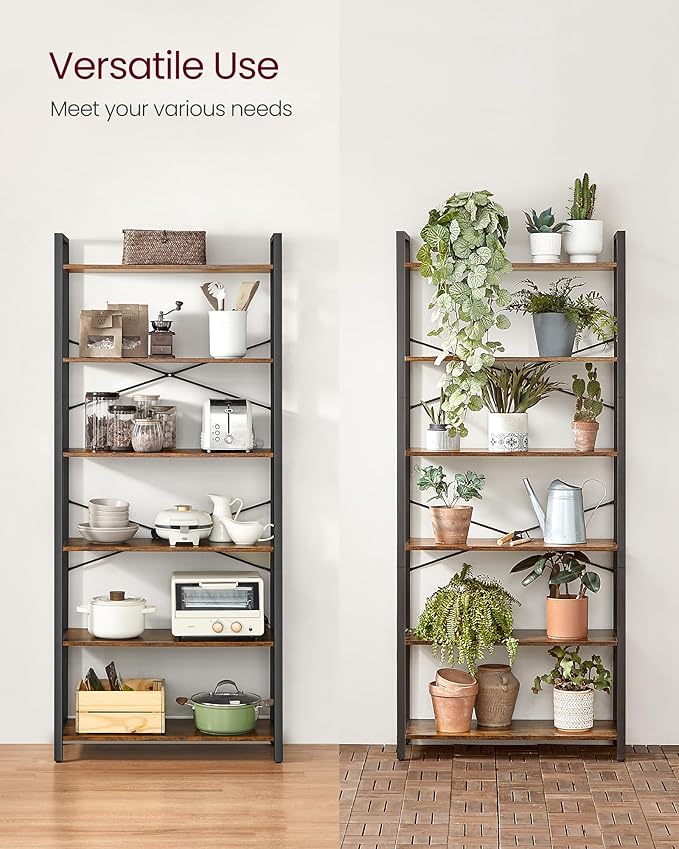 VASAGLE 6-Tier Bookshelf, Bookcase with Steel Frame, Book Shelf for Living Room, Home Office, Study, 11.8 x 31.5 x 73.2 Inches, Industrial Style, Rustic Brown and Ink Black ULLS082B01