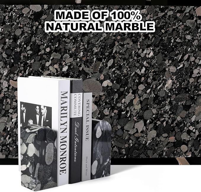 Koville Luxury Marble Bookends for Shelves, Decorative Stone Book Ends, 7lbs Heavy-Duty Marble Book Holders, Bookshelf Apartment Decor for Normal Books/CD/Video Games