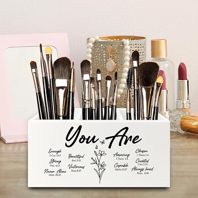 You Are Christian Pen Pencil Holder Organizer for Desk, Christian Gifts for Women, Floral Inspirational Bible Verse Wooden Box Signs Decorations for Home Office Desk Tabletop