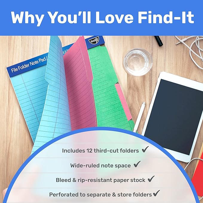 Find It File Folder Notepad - Pack of 36-9.5 x 12.5 Inch Notebook Organizer Folders for Filing, Document, and Clipboard Organization - Assorted Colors