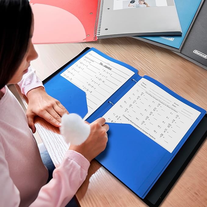 Dunwell Plastic 2-Pocket Folders for 3-Ring Binders, (3 Pack, Blue) 3 Hole Punched, Divider Folder for Notebooks, Durable Poly, Fits 8.5x11 Sheets, Includes Labels