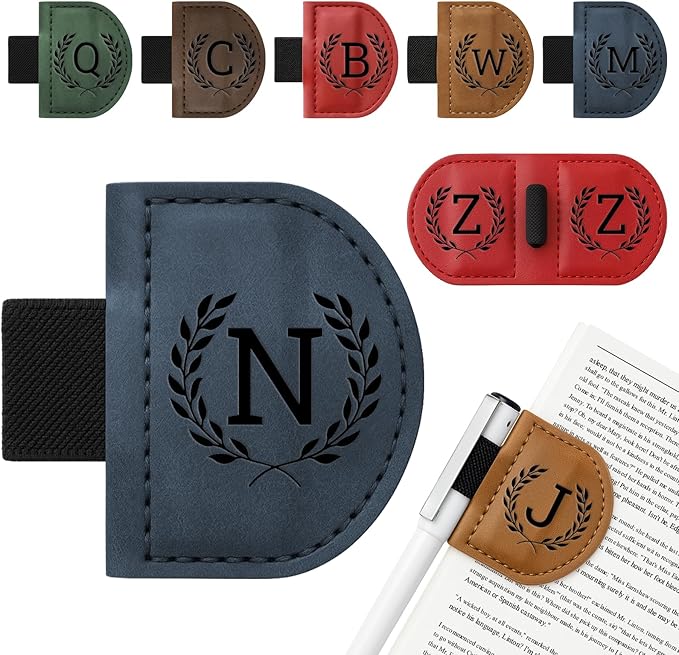 Personalized Bygone Mark Bookmark with Pen Holder,Engraving Leather Magnetic Bookmarks Vintage 26 Letters Name Initials Text Book Marker Clips Gifts for Reading Book Lovers Women (Blue, N)