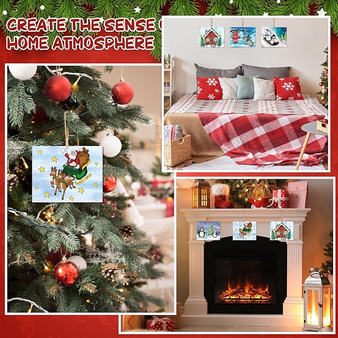 COCHIE 10 Pieces Large Christmas Unfinished Wood Crafts to Paint for Adults and Kids, Bulk Winter Predrilled Wooden Ornaments for Painting, Peppermint Candy House Paintable Wood Slices Craft Supplies