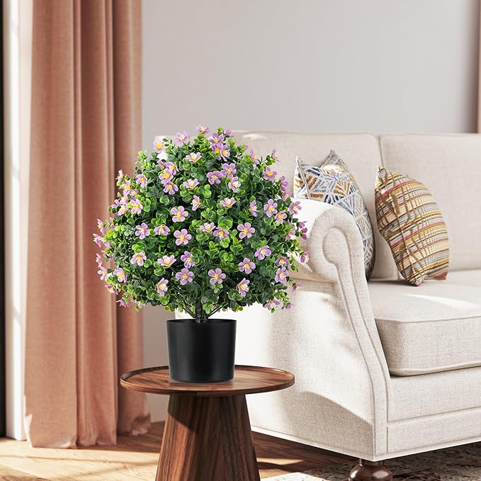 Goplus 21.5'' Artificial Boxwood Topiary Ball Tree, Set of 2 Faux Potted Plants Artificial Shrubs Bushes with Flowers, Fake Evergreen Artificial Topiary for Indoor Outdoor Home Front Porch Decor