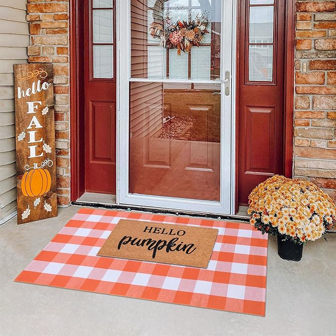 Fall Plaid Area Rug 3x5 Ft, Orange and White Buffalo Check Large Farmhouse Cotton Rug, Hand-Woven Washable Indoor Outdoor Carpet for Halloween Thanksgiving Autumn Porch Patio Decor