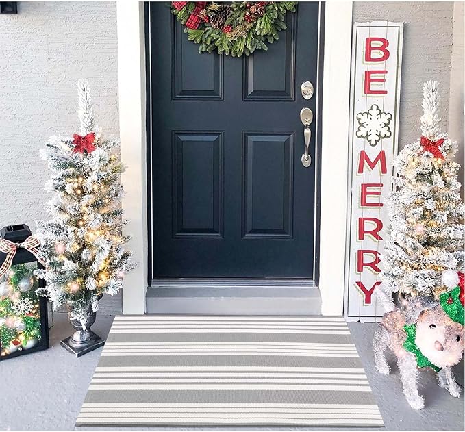 OJIA Christmas Front Door Mat Outdoor 24"x35" Front Door Rug Gray and White Striped Outdoor Rugs Washable Entry Rug Indoor Door Mats Cotton Woven Small Area Rugs for Entrance/Porch/Kitchen/Entryway